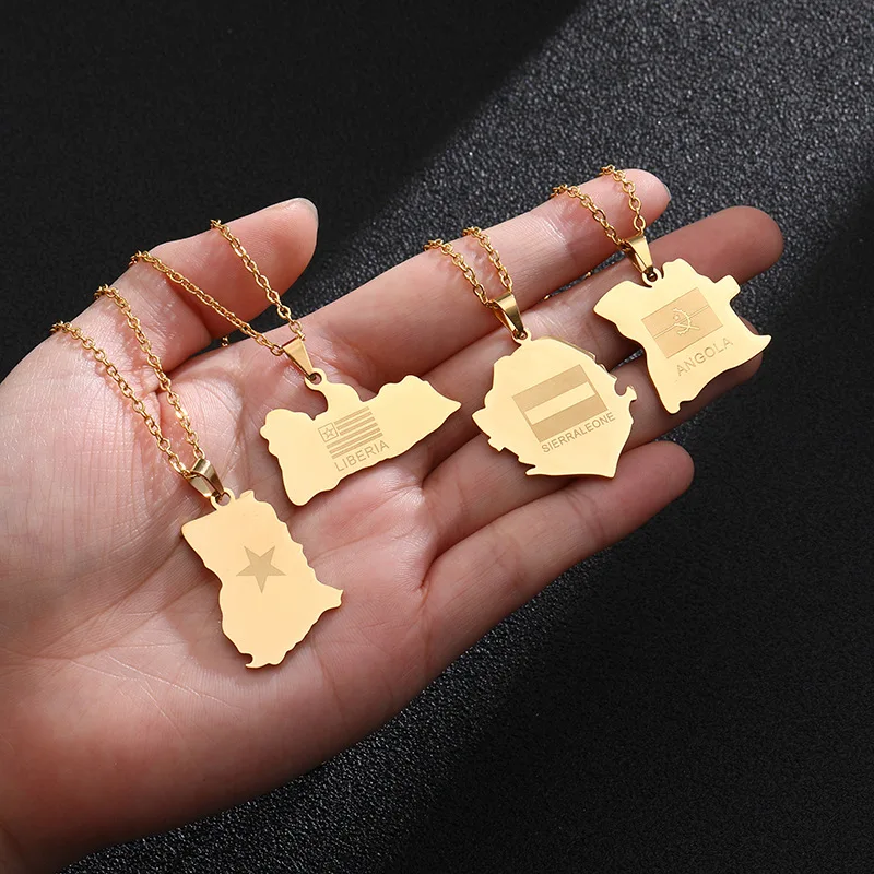 

2021 World Palestine Syria Peru Women Lebanon Dominican Republic Gold Map Of Africa Pendant Necklace Stainless Steel Jewelry, Gold color silvery