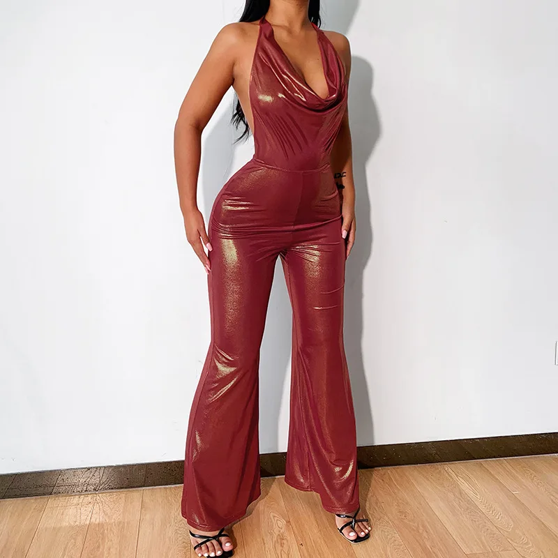 

Y2K Fashion 2022 Women Elegant Party Club Loose flared pants Jumpsuit Sequins Sleeveless Backless one piece romper women lady