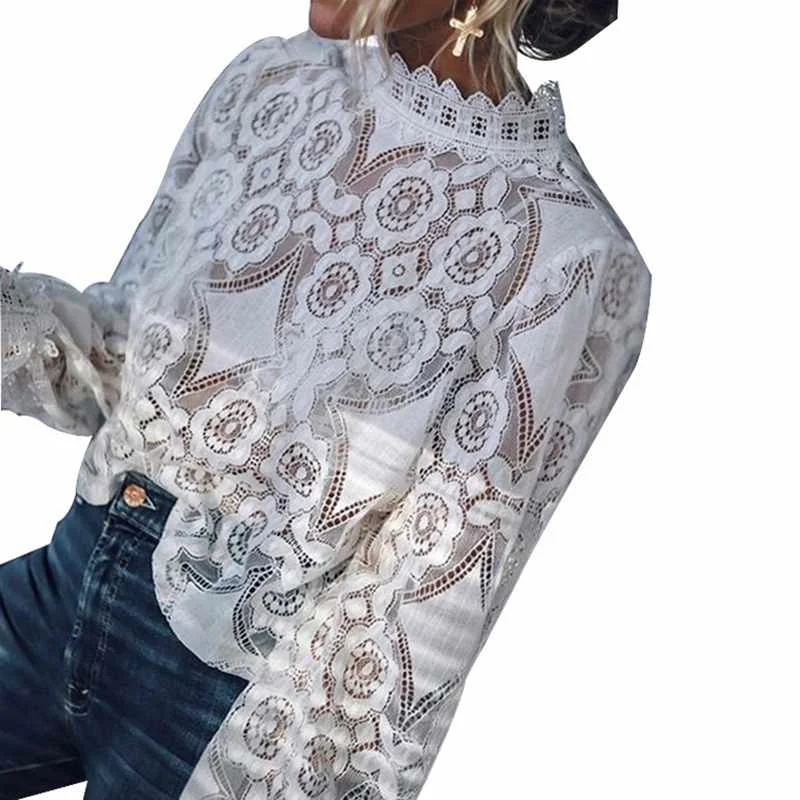 

Mzl's Love Women Lace Blouse Elegant Formal Embroidery Long Sleeve White Shirts Office Lady Flower Hollow Fashion Clothing