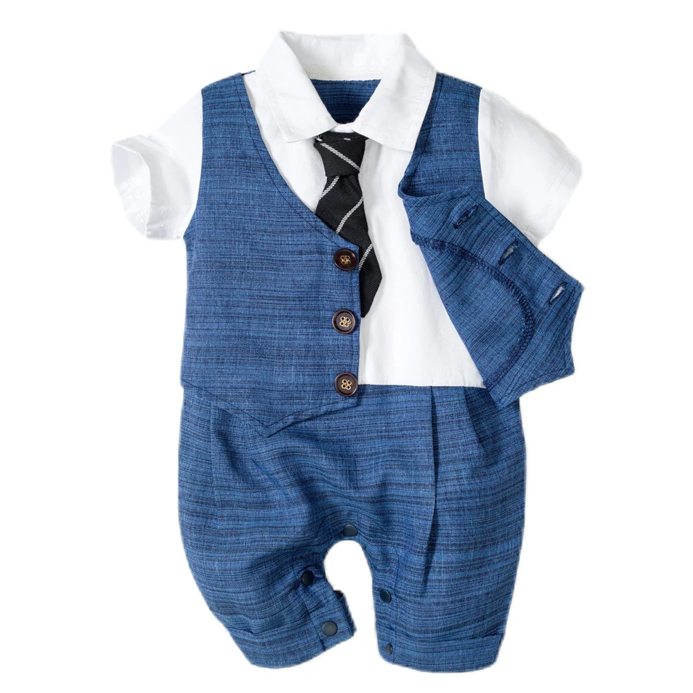 

0-24 Months Summer Formal Boys' Suits Dress Half Birthday Party Tie Romper Outfit Newborn Baby Boy Clothes