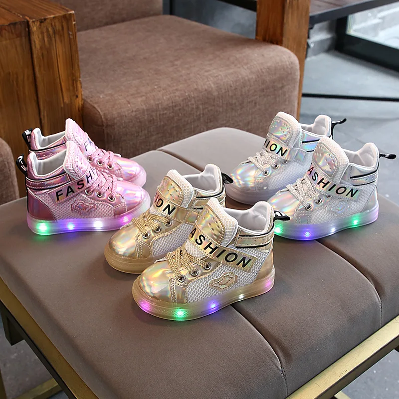 

2021 OEM High Quality High Top Casual Kid Children Sneaker Led Toddler Girl Shoes With Light For 2-9 Year Baby