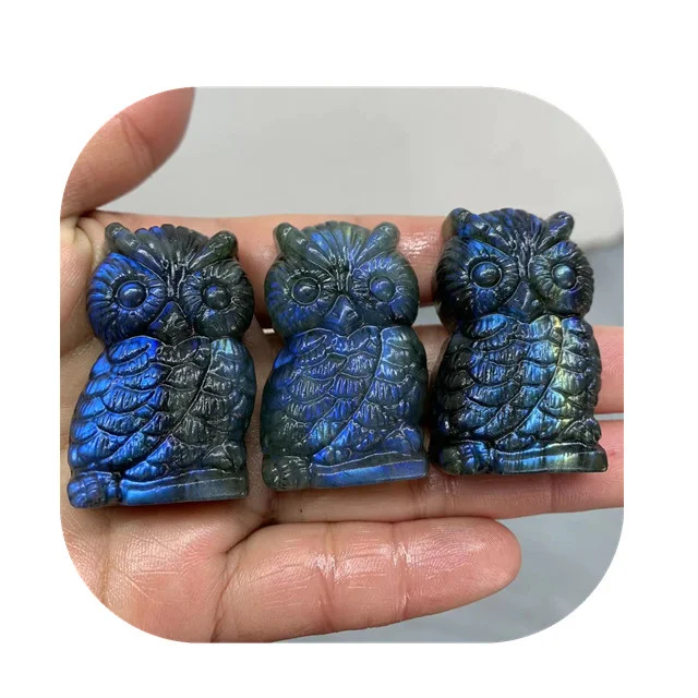 

Wholesale 40mm semi precious stones crystal crafts natur blue flash owl labradorite carving for gift