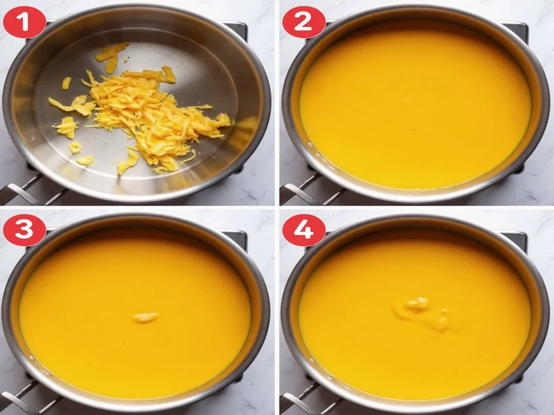 Step-by-step velveeta cheese sauce melting process in stainless steel pot