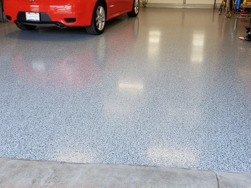 Shiny epoxy coated garage floor with tools
