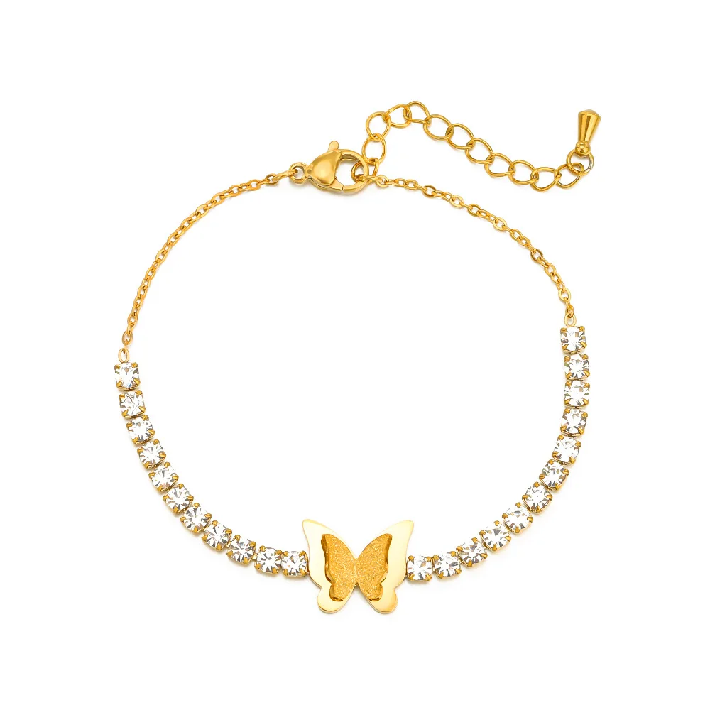 

New Design 18k Gold Square Zircon Butterfly Bracelet Zircon Tennis Chain Matte Butterfly Bracelets