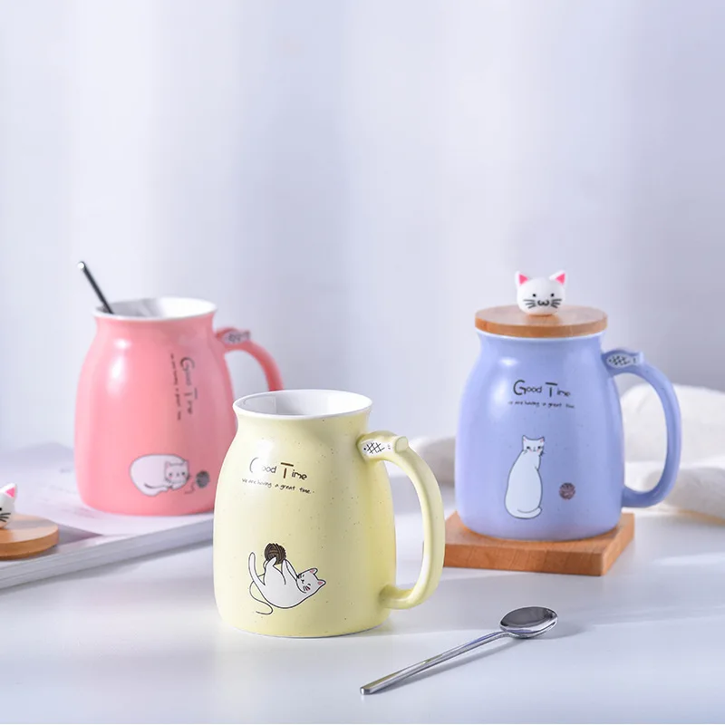 

Cute Cat Style Ceramic Mugs Lid Spoon Cartoon Creative Morning Mug Milk Coffee Tea Unique Porcelain Coffee Mugs, Purple, pink, blue, yellow
