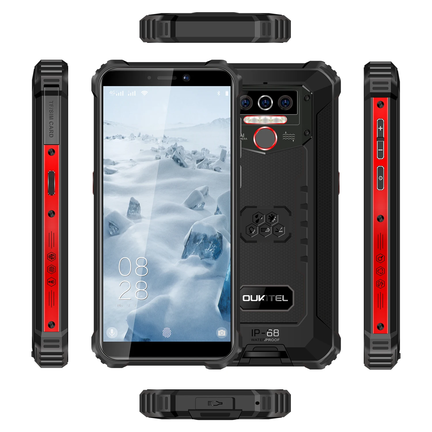 

OUKITEL WP5 5.5 inch Rugged Mobile phone Android 9.0 Waterproof Shockproof Dustproof smartphone with 4 Camera 4 LED Flash Light, Orange,red