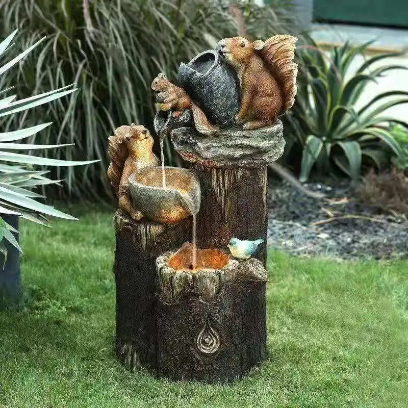 

Resin Mini Tabletop Waterfall Fountain With Squirrel Duck for Outdoor Garden Home Decoration