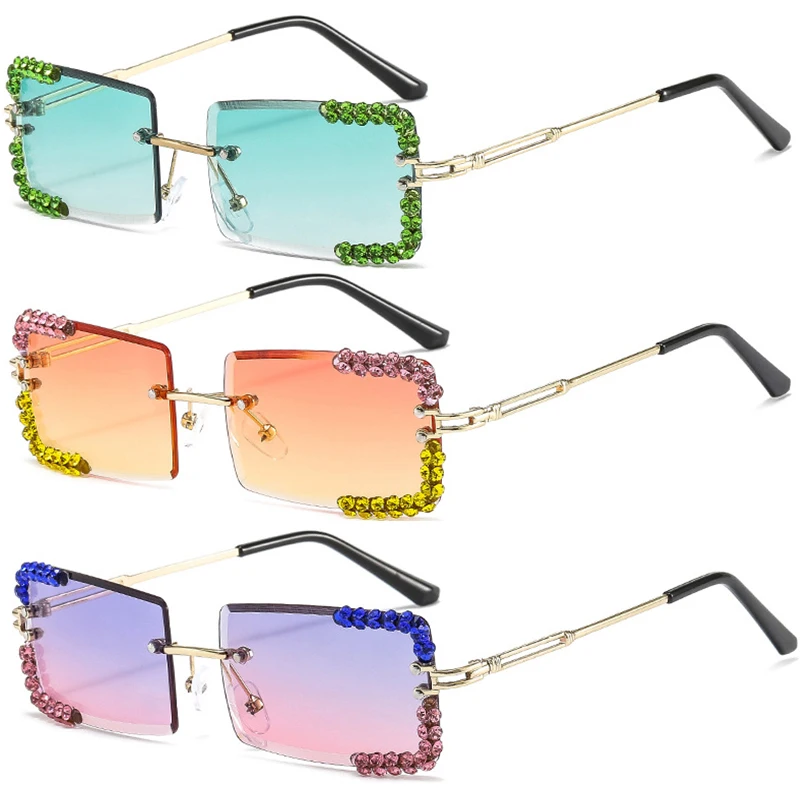 

Custom Small Rimless Diamond Rectangular y2k Handmade lens thin sunglasses colour jeweled sunglasses