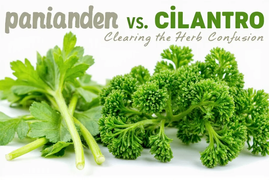 Visual comparison of fresh cilantro leaves, coriander seeds, and parsley leaves