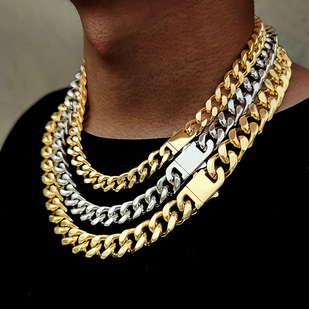 

Wholesale 12mm Stainless Steel Cuban Necklace 18k Gold Plated Chain Necklace Men Cuban Link, Silver,gold