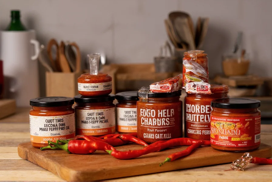 Various hot pepper paste containers arranged on wooden kitchen counter with fresh chili peppers and cooking utensils