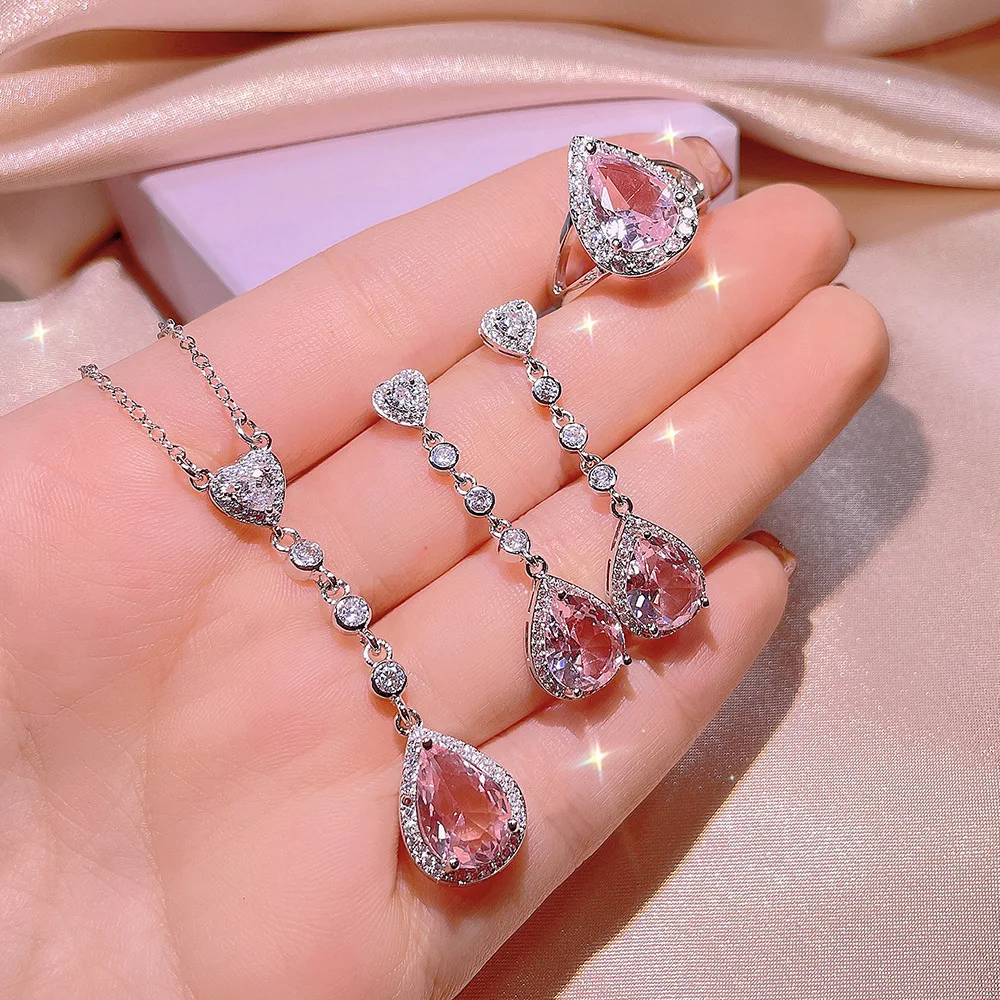 

Retro 3 Pcs/Set Silver Plated Pink Crystal Gemstone Dangle Earrings Shiny Cubic Zircon Water Drop Necklace Jewelry Set For Women