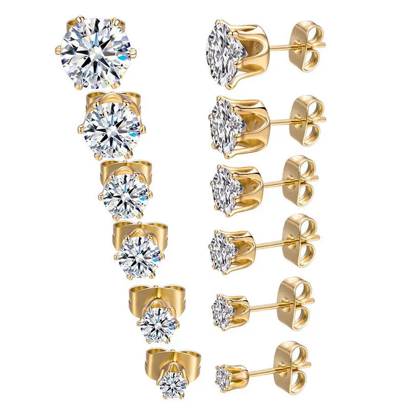 

6 pairs Round Zircon Diamond Stud Earrings Stainless Steel Minimalist Simple Stone 3-8mm CZ Earrings for Women Men Unisex