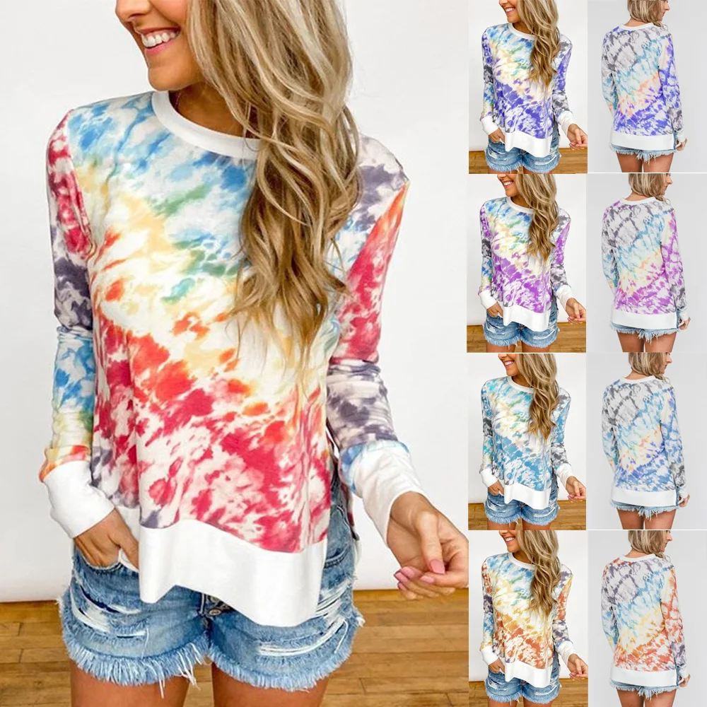 

2020 New Arrivals Women T Shirt Long Sleeve Sweatshirt Colorblock Tie Dye Printed Pullover Tops Coldker, As picture