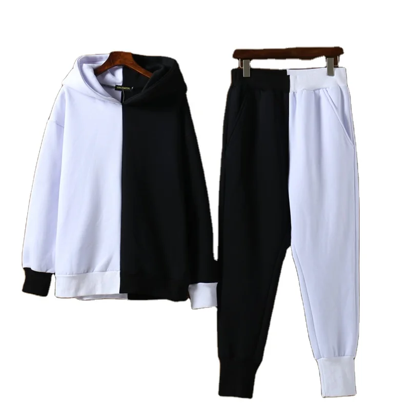 

Spring Autumn mens white black patchwork hip hop hoodie pants two piece set man plus size 6XL, Custom color