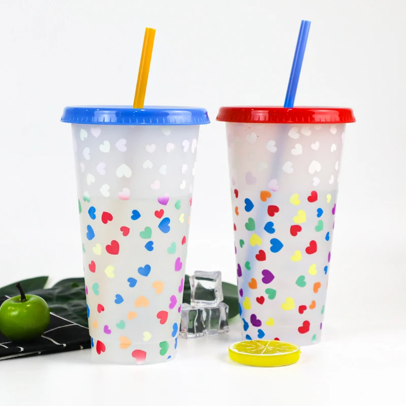 

Plastic Reusable cold magic Drinking Tumblers with lid and straw Temperature Change Color Cups Changing Cup, Customized color acceptable