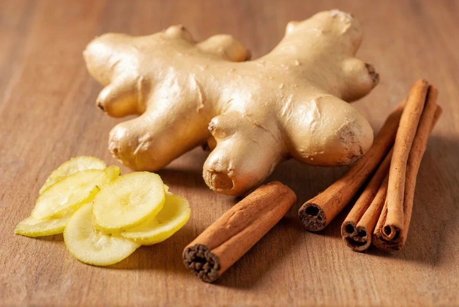 Fresh ginger root and cinnamon sticks arranged on wooden surface for making herbal tea