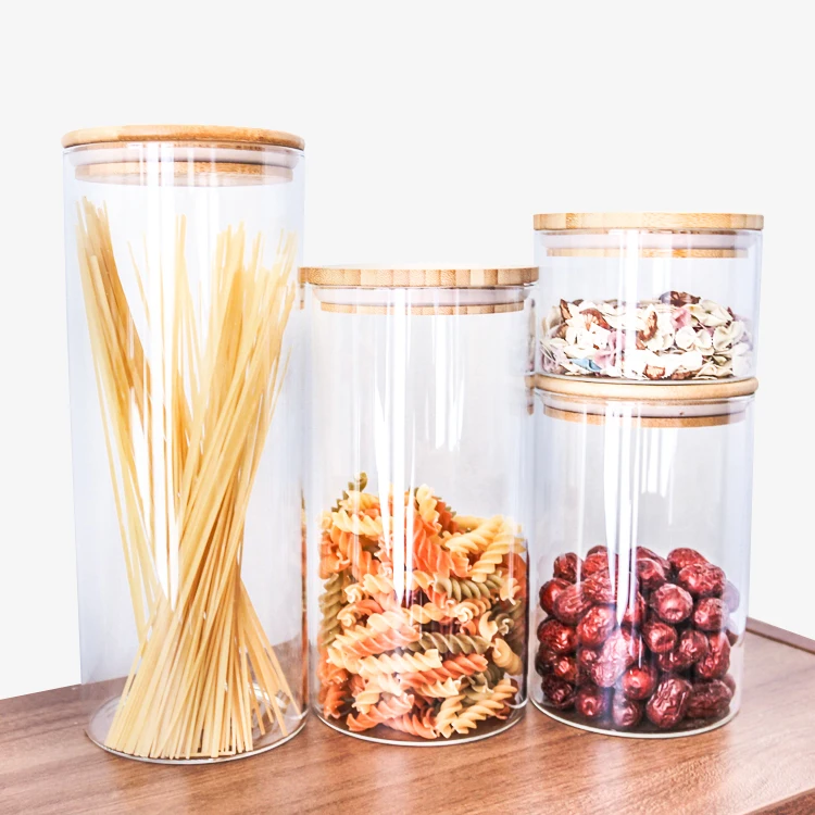 

Borosilicate Clear Air Tight Bamboo Glass Storage Jar For Kitchen Cookies Bamboo Lid