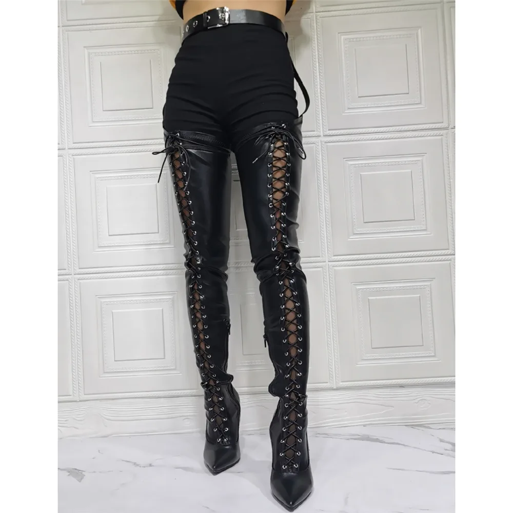 

Gladiator Black Leather Hollow Cross Lace Up Over Knee High Boots For Women