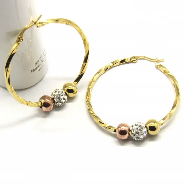 

2020 New Arrival Women Jewelry Twist Stainless Steel Round Clip On Earrings Big Crystal Bead Round Hoop Earrings