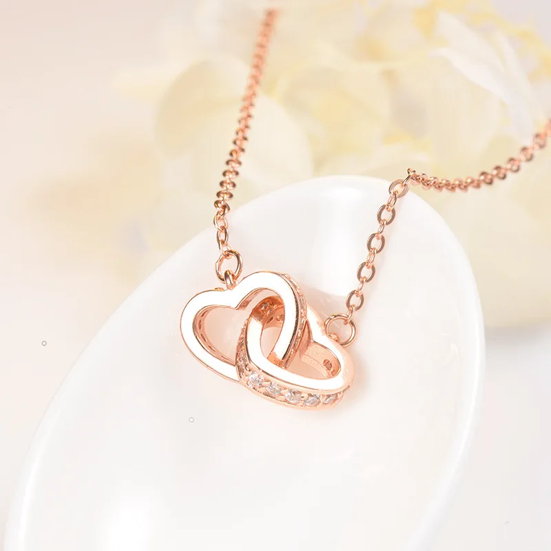 

Fashion 925 Sterling Silver Necklace Double Circle Double Love Heart Necklace Women Clavicle Chain Necklace Jewelry, Platinum,rose gold