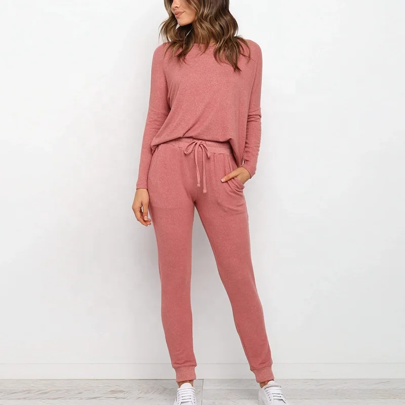 

High Quality Casual Solid Color Long Sleeve Knitted Pajama Set Women Loungewear