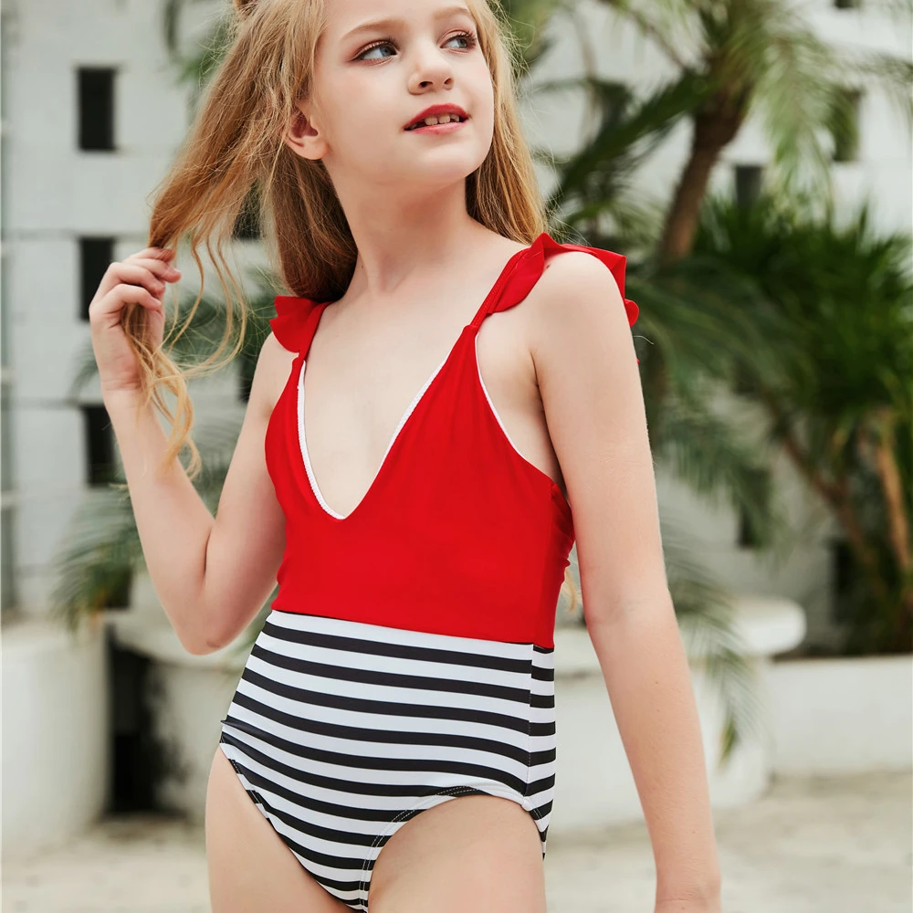 

2021 new European and American girls bikini swimsuit children stripe color triangle swimsuit, As show or customized