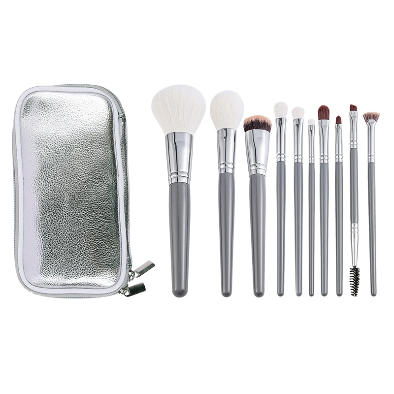 

HXT-120 2022 New Style OEM Brushes Manufacturers White Hair Vegan Makeup Brush Set 10 pcs Grey Makeup Brush with PU Bag