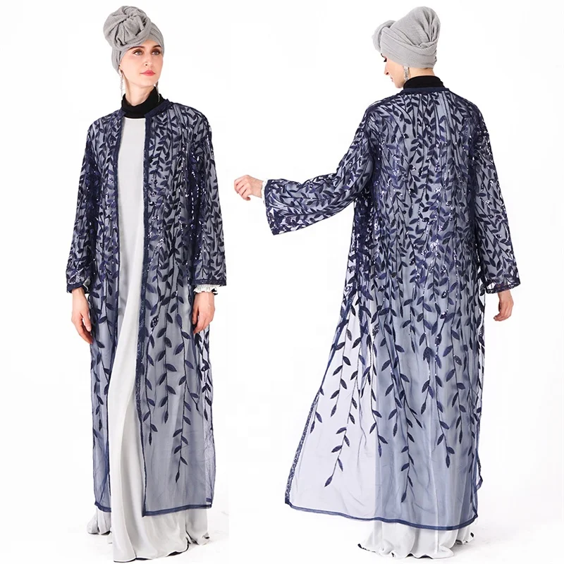 

New Arrivals Women Muslim Dress Islamic Clothing Sequin Embroidered Cardigan Outer, 5 colors