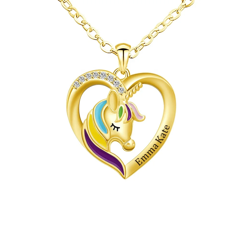 

Shopify Cute Unicorn Heart Necklace Animal Mermaid Rainbow Heart Crown Pendant Necklace, Gold/silver/pink/blue