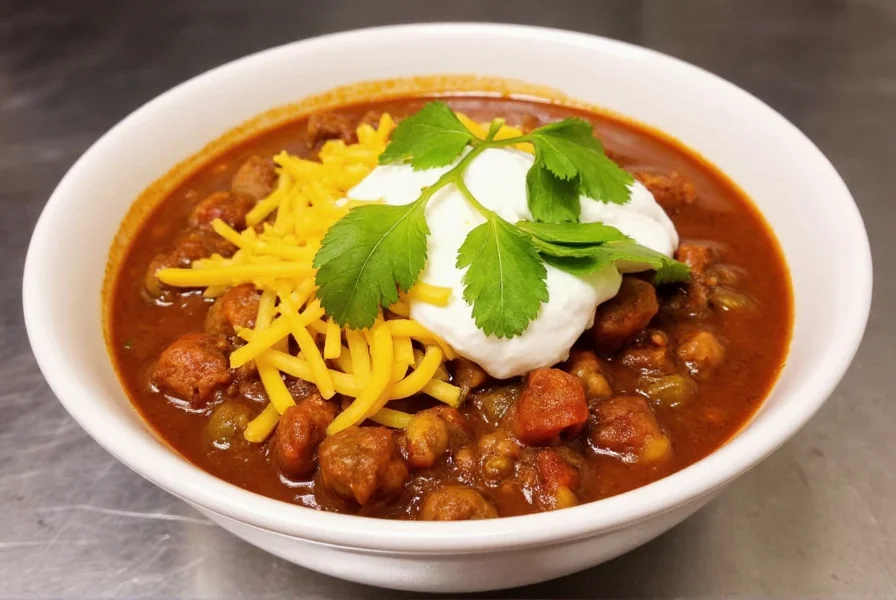 Finished bowl of homemade chili served with toppings including shredded cheese, sour cream, and fresh cilantro