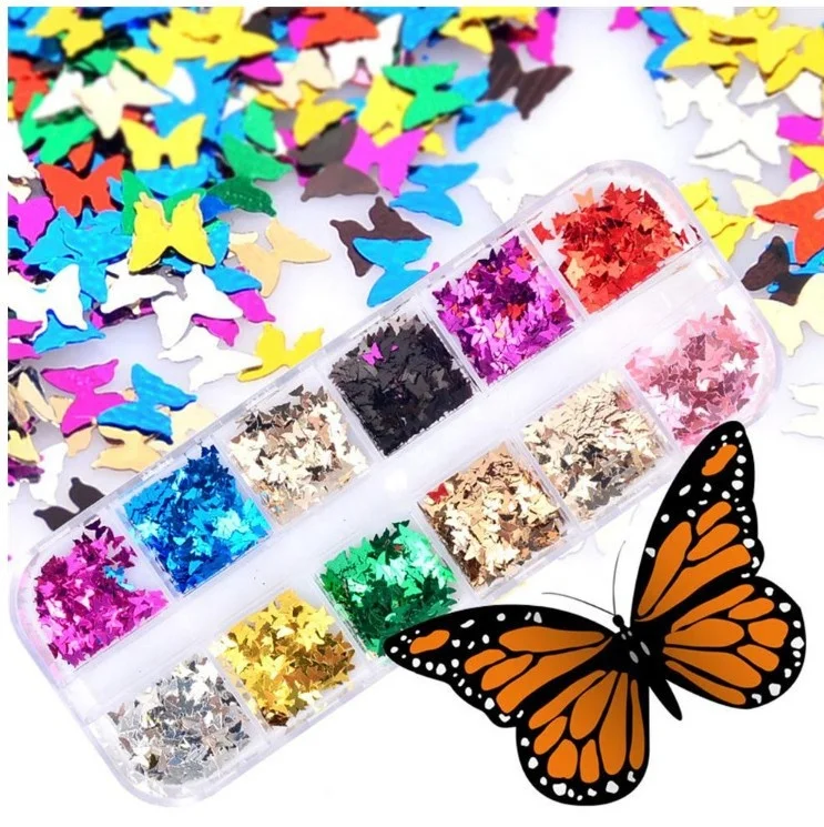 

12 Colors Nail Art Flakes Glitter Sequins Paillette Butterfly 3D Laser Sequins Holographic Nail Art Flakes Glitter Foil, Multi-color