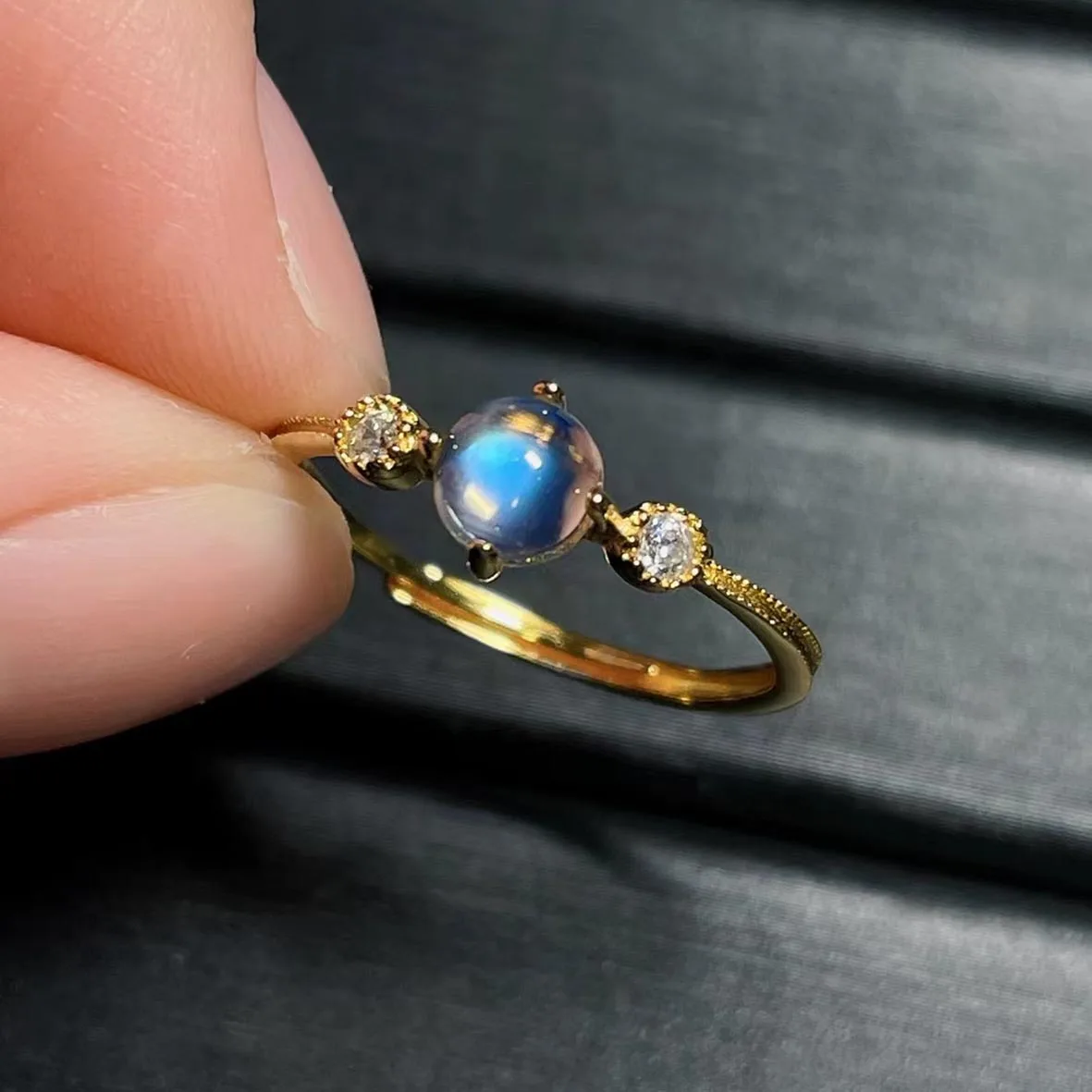 

Beautiful Ins Adjustable Rings Rainbow Blue Natural Moonstone Ring In 925 Sterling Silver Dainty Jewelry