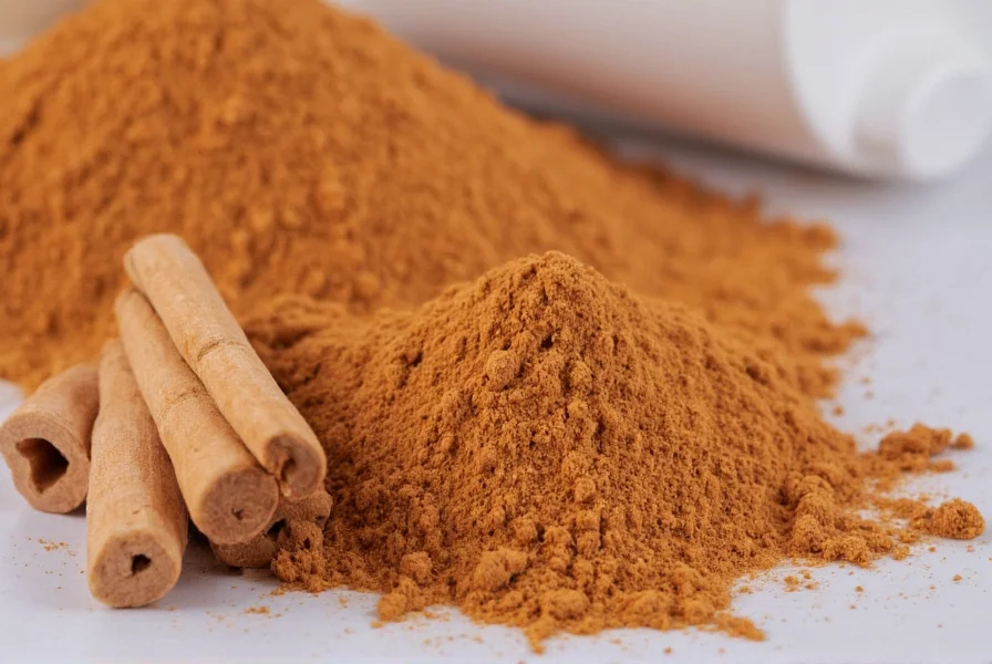 Close-up of cinnamon sticks and powder next to heartburn medication