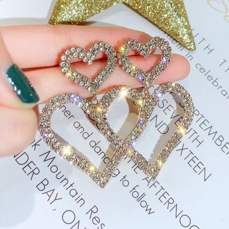

SHE793 gold silver double heart shaped earrings crystal rhinestone statement earrings women jewelry Korean earrings