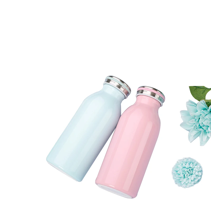 

304 stainless steel double layer milk bottle vacuum lock temperature sports water bottle simple outdoor milk cup, Blue, pink, green, gray, steel color