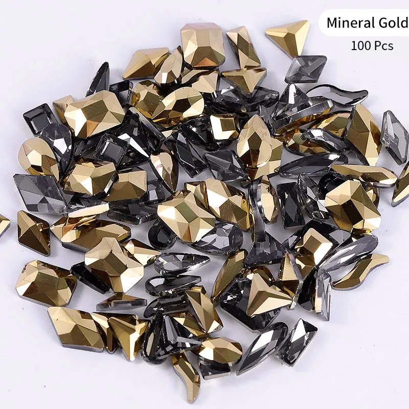 

100pcs/Pack Mixed Size Irregular Crystal AB Nail Art Rhinestones Jelly Color Gold Flatback Strass 3D Nail Decorations