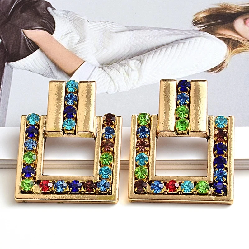 

Kaimei High-quality Fashion trend jewelry accessories for women New Arrive Metal geometric Square gold crystal drop earrings, Many colors fyi