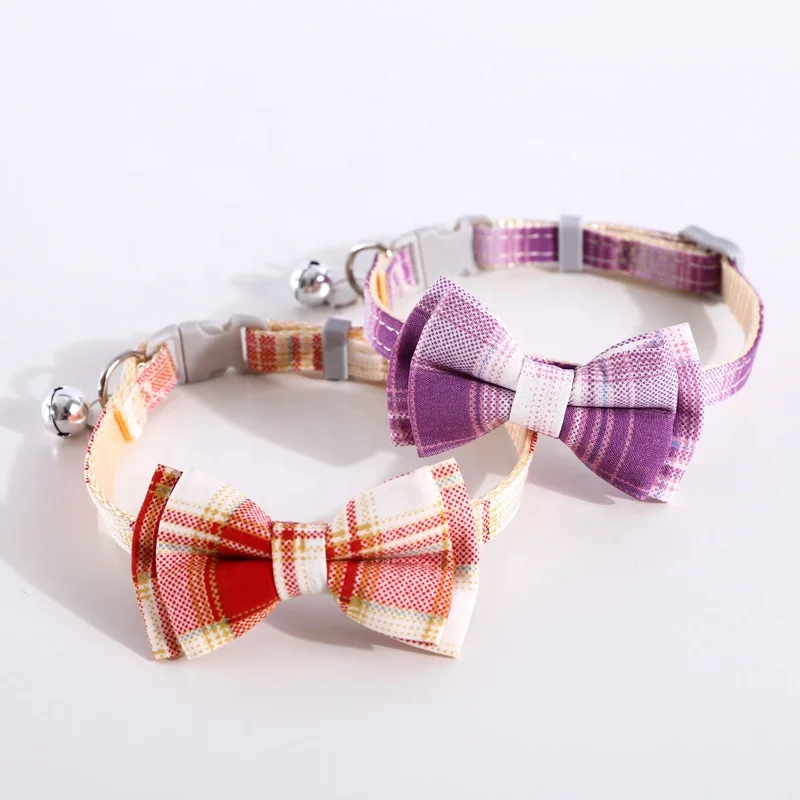 

2021 Lattice Colored Lovely Adjustable Small Pet Dog Protective Fashion Bowknot Nylon Dog Bowtie Collar Bell Cat Collar