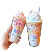 

YIDING wholesale double wall ice cream cups 3d unicorn plastic drinking coffee mug cup with straw for couples gifts