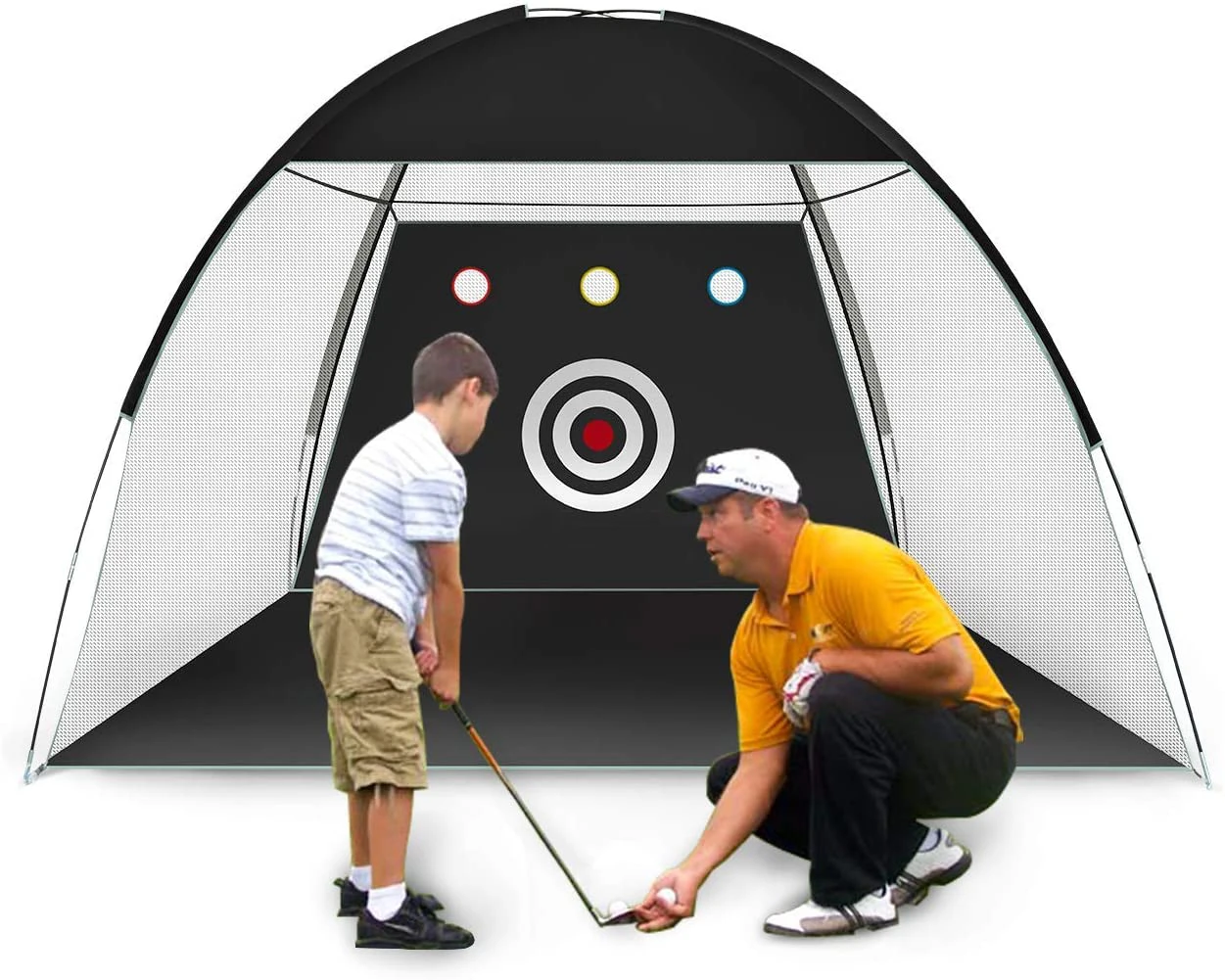 

Golf Hitting Practice Net with Chipping Target Pockets Golf Training Aids Practice Net Set 3 in 1 Foldable Golf Mat