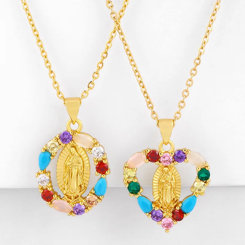 

2021 Sailing Jewelry Wholesale CZ Rainbow Virgin Mary Necklaces Virgen de Guadalup Gold Crystal Heart Pendant Necklace