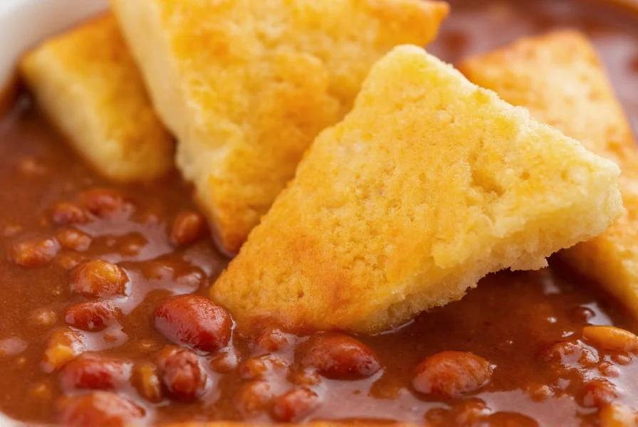 Close-up of cornbread triangle dipped in chili, showing perfect texture contrast with visible cornmeal grains and chili beans