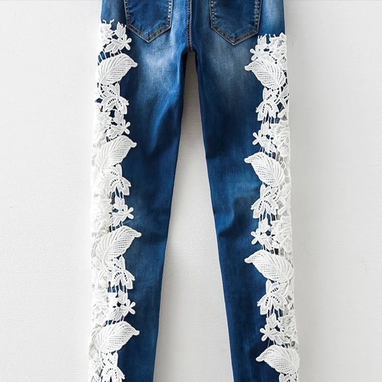 

Women Lace cut-out carved tight leggings denim jeans pants