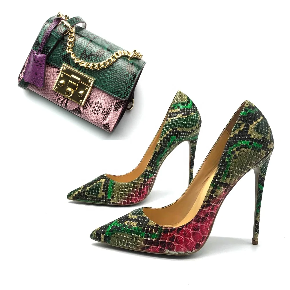 

Custom Wholesale Latest Snake print design Ladies Nigerian shoes and bag set women for party