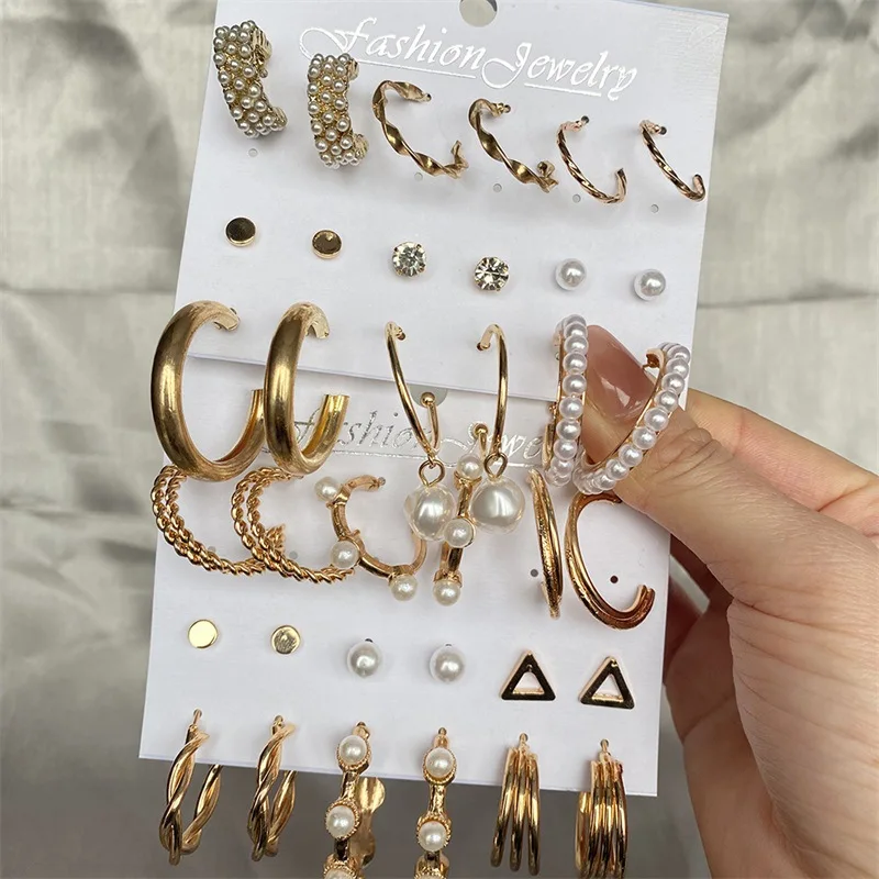 

Fashion Gold Plated Earrings Set Women Oversize Metal Circle Punk Pearl Hoop Earring