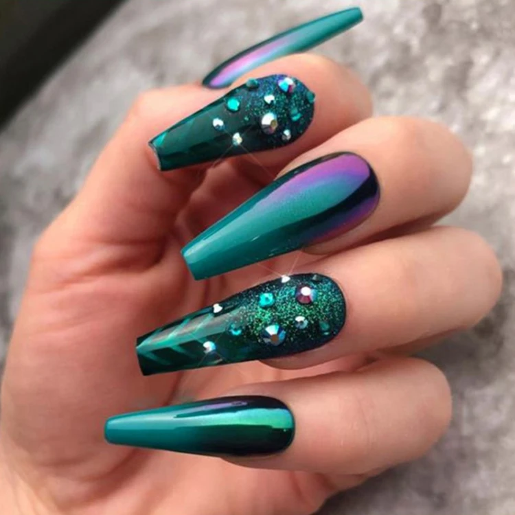 

2020 New 20pcs/box Long Coffin Ballerina Press On False Nails Green Designs Full Cover 3D Artificial Fingernails Full Abs Size