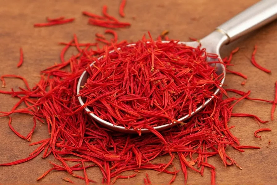Saffron threads stored in airtight glass container with desiccant packet, showing proper storage conditions