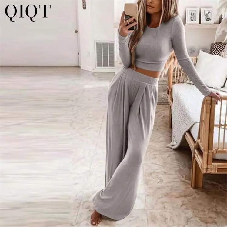 

Lowest Price Autumn Solid Color Knitted Casual Two Piece Set Simple Loose Trouser Set Women